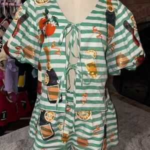 Striped Green and White shirt and matching shorts with Champagne and Mimosas